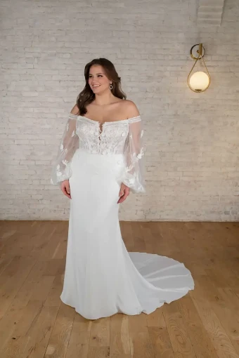 Essense of Australia 7675 #2 default (PI-PL) Pure Ivory Gown w Porcelain Tulle Plunge thumbnail